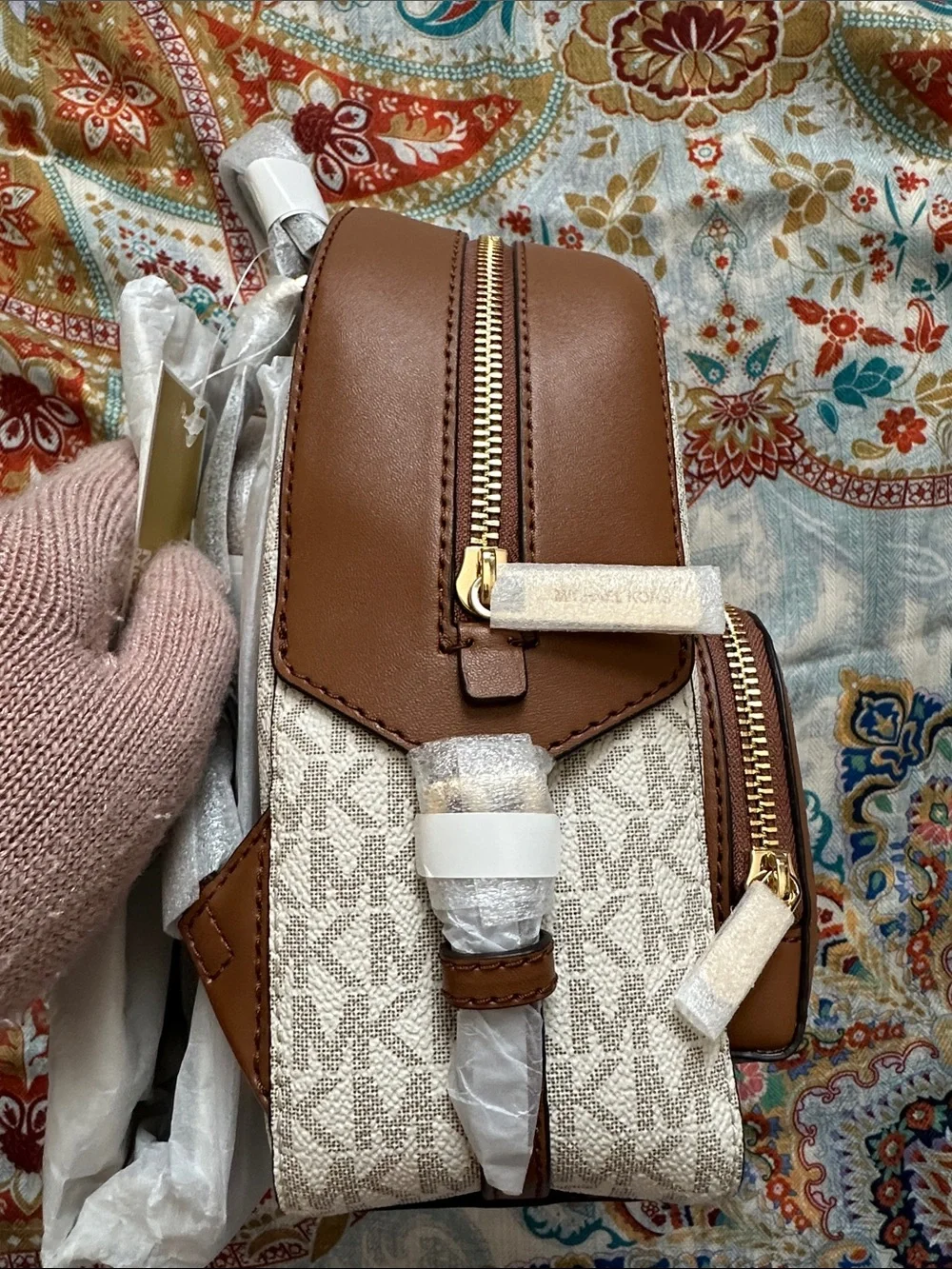 Michael Kors Beige Logo Mini Backpack with Brown Trim